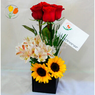 Rosas y girasol mini